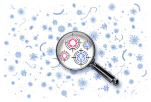 An illustration of a magnifying glass scoping out viruses from a larger field of microbes.