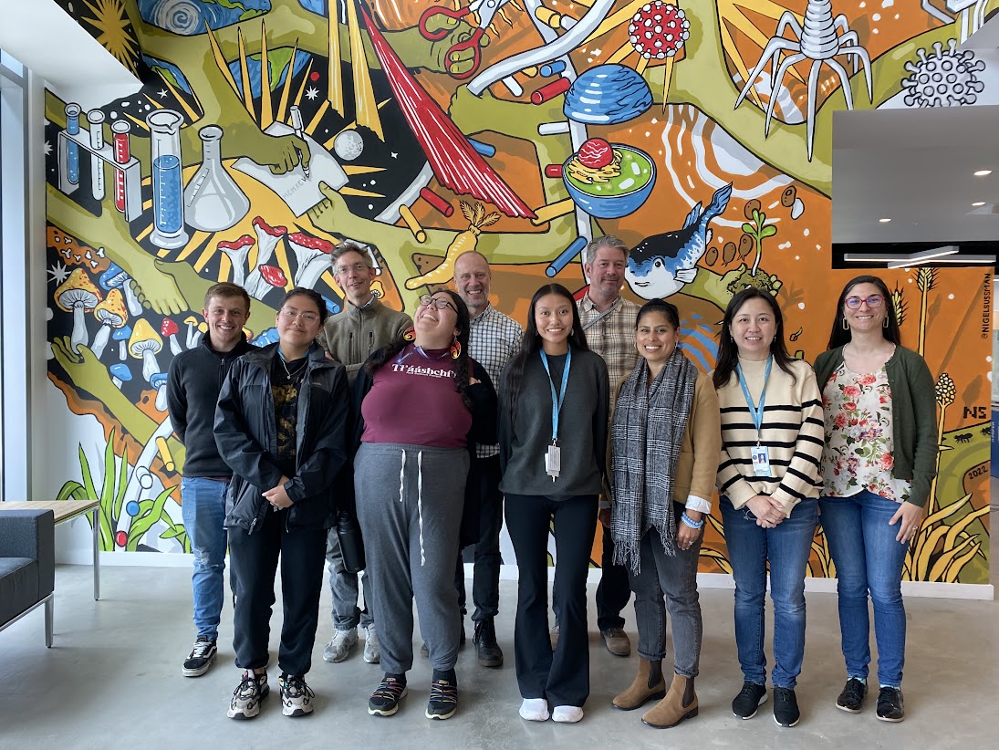 A group of ASU students pose with their Berkeley Lab mentors in front of the JGI mural.