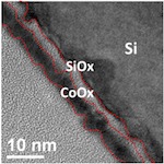 A thin layer of an oxygen evolution catalyst and cobalt oxide onto silicon electrodes