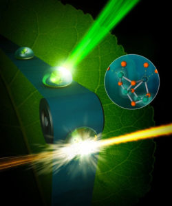 A femtosecond X-ray pulse from an X-ray free electron laser intersecting a droplet that contains photosystem II crystals, the protein extracted and crystallized from cyanobacteria