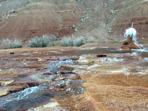 Crystal Geyser during its “major eruption” period, where sufficient discharge is produced to cause overland flow to the Green River. (Cathy Ryan)