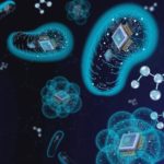 An illustration imagining the molecular machinery inside microbes as technology. (Credit: Wayne Keefe/Berkeley Lab)