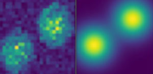 From left: Experimental images of thulium-doped avalanching nanoparticles separated by 300 nanometers; at right, simulations of the same material. (Credit: Berkeley Lab and Columbia Engineering)