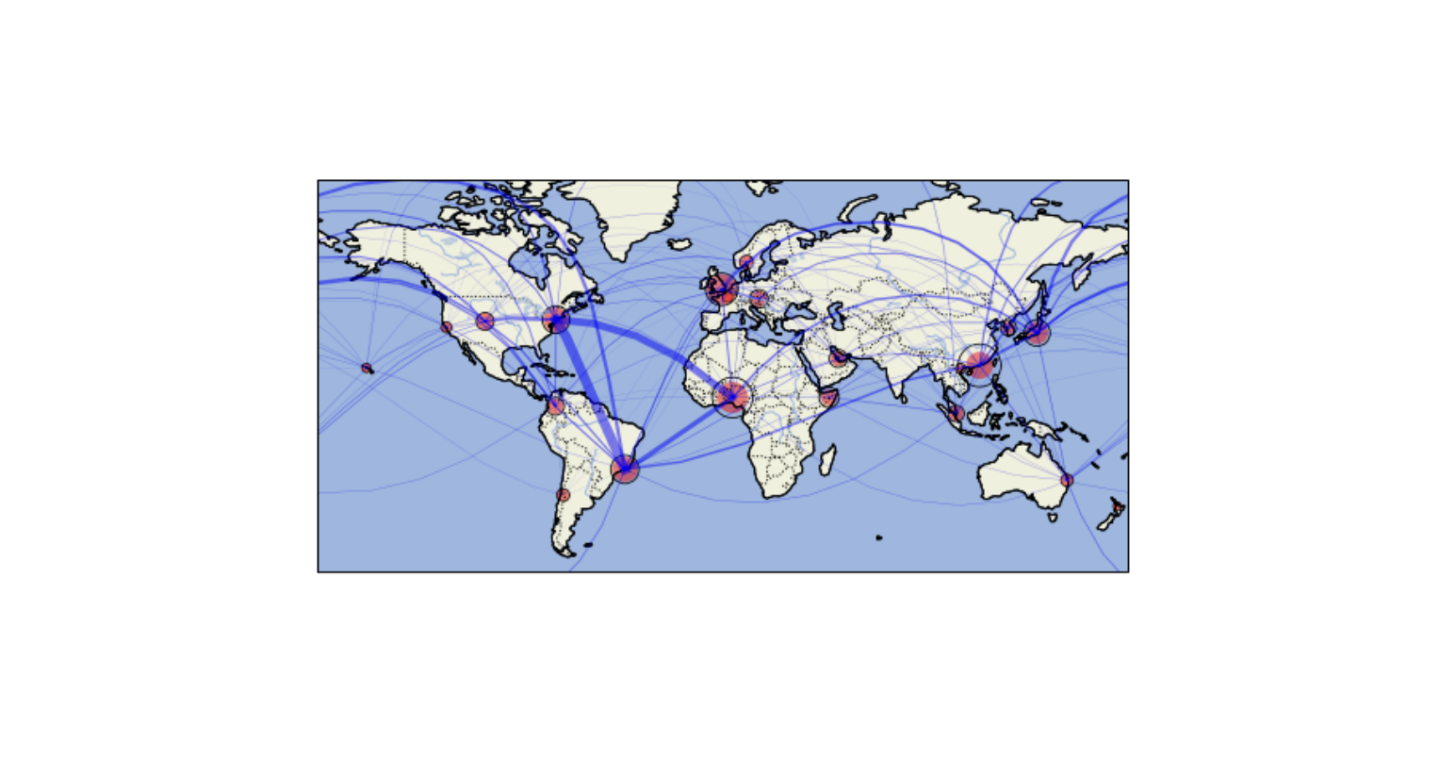 world map with red bubbles showing cities and interconnected lines