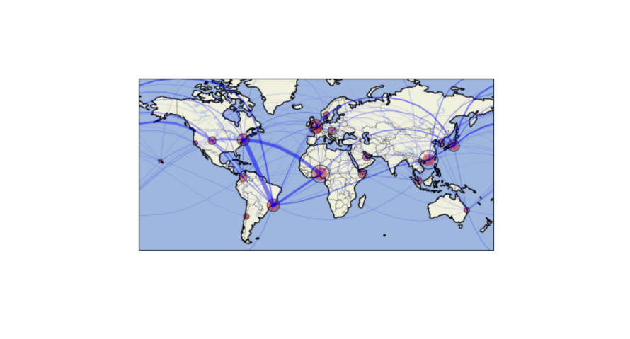 world map with red bubbles showing cities and interconnected lines