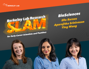 Three early career scientists are pictured in an advertisement for the research slam competition