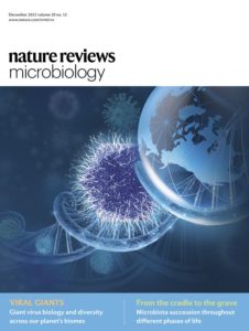 The cover of Nature Reviews Microbiology, with an illustration of a giant virus in purple.