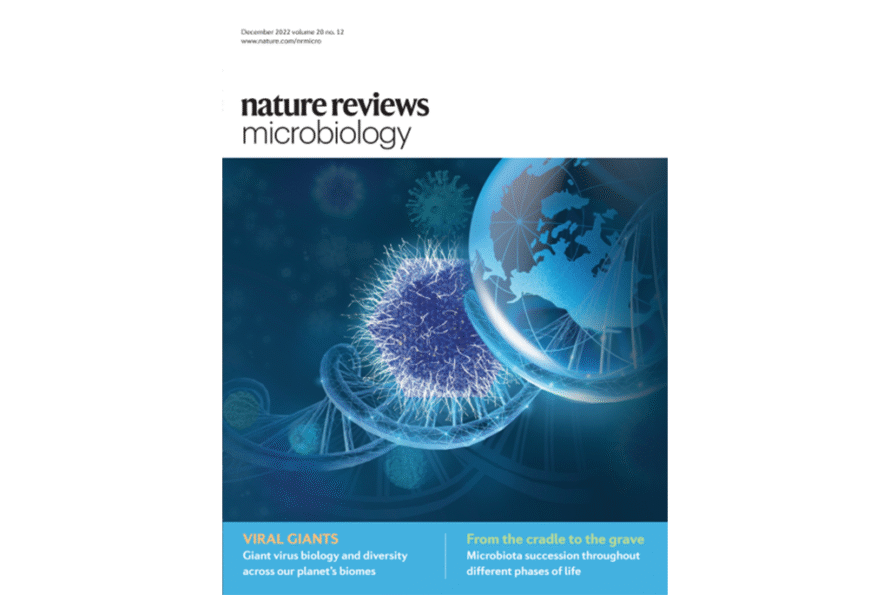 The cover of Nature Reviews Microbiology, with an illustration of a giant virus in purple.