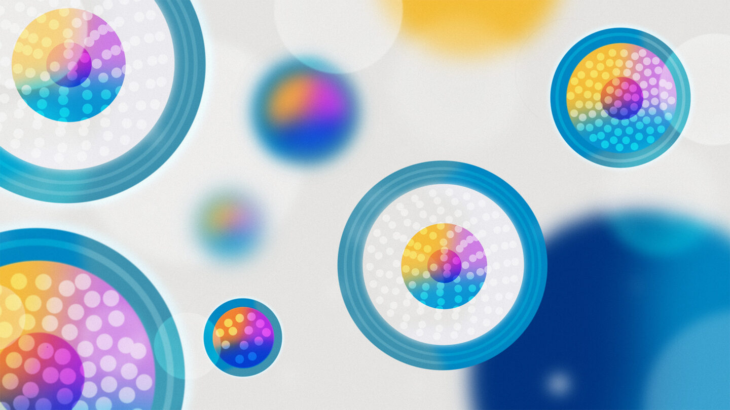 Colorful illustration of spherical lipid nanoparticles.