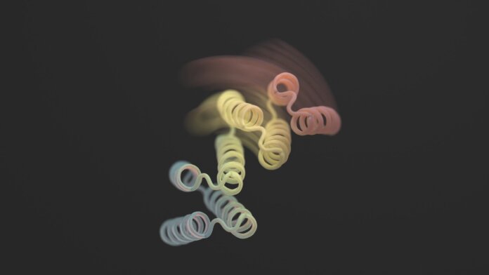 Colorful 3D-image of a spiral protein structure, with blurring to indicate that the structure moves between two conformational shapes.