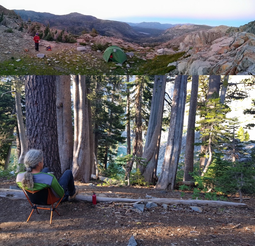 Two images stacked ontop of each other. The top image is a panorama of a rugged campsite atop a mountain peak. In the bottom photo, Nigel Moriarty  sits in a camp chair and looks out at a view of tall trees with an alpine lake in the distance.