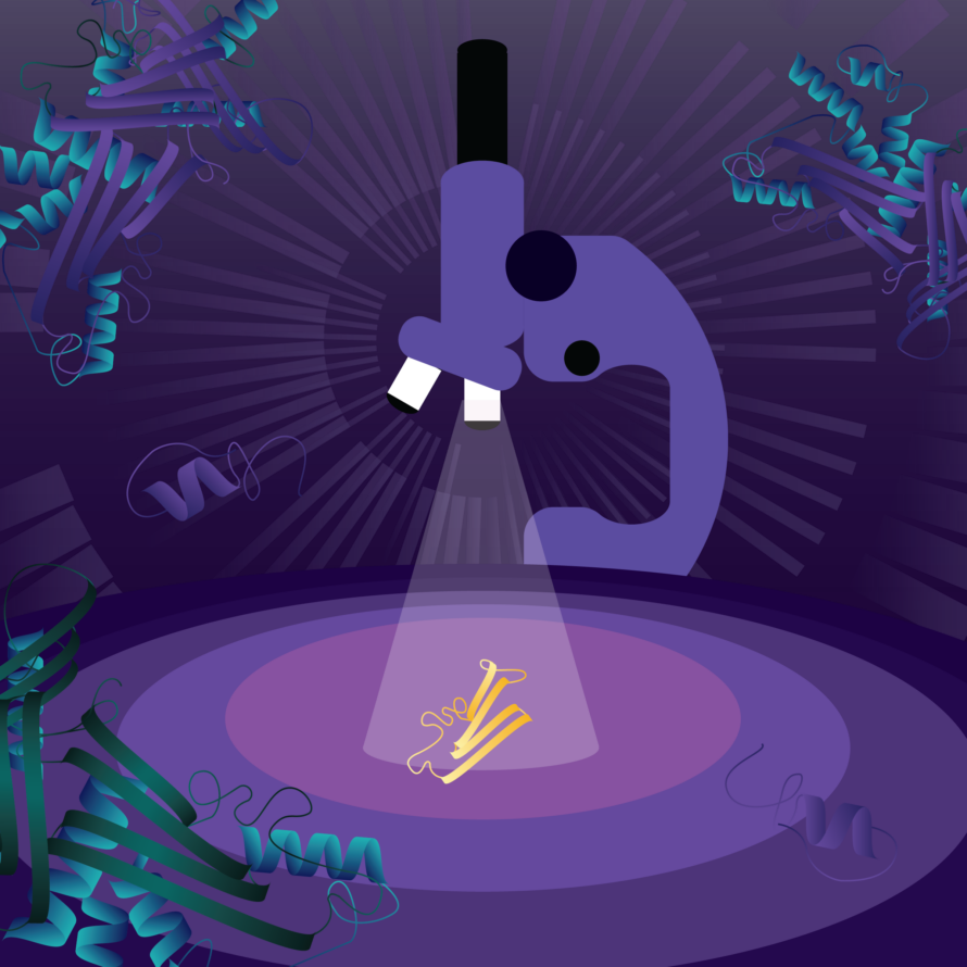 Illustration of a microscope with a spotlight on yellow shapes, surrounded by molecular structures.