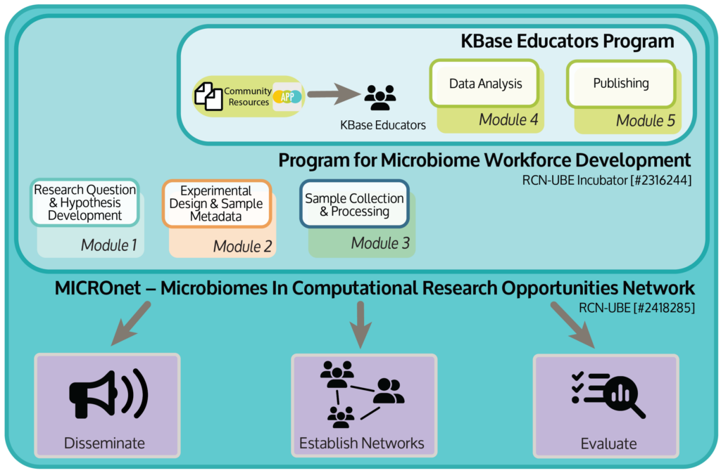 A graphic laying out the organization of the Program for Microbiome Workforce Development, where students will form a research question, design an experiment, and collect and process data. MICROnet will enable to broader dissemination of resources, establish networks, and evaluate success along the way.