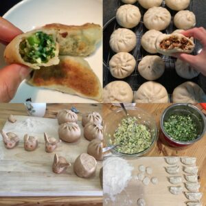 Composite of four photos showing different traditional chinese dishes.