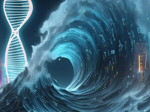 A digital-themed ocean wave with alphanumeric characters alongside an illuminated DNA helix.