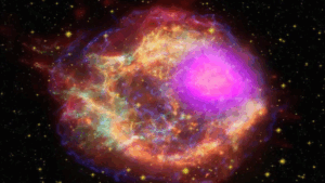 Colorful, layered image of objects in outer space.