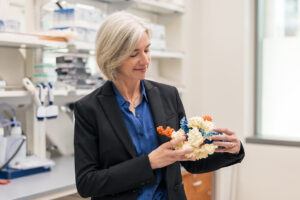 A pale-skinned woman with a silver bob wearing a black blazer over a blue blouse stands near a laboratory bench holding a 3D molecular model.