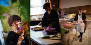Three-panels of photographs. In the first, a woman smiles while gathering purple flowers outside. In the second, the same woman prepares granola on a sheet. In the final image, the same chef drizzles syrup on a stack of cakes.
