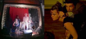 Two photos side by side; the first showing actors on a indie stage; the second shows a close-up action shot of two people.