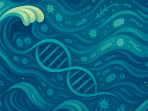 An illustration of an ocean contains a helix and biological elements