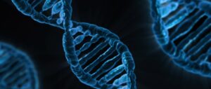 blue DNA helix structures floating against a dark background