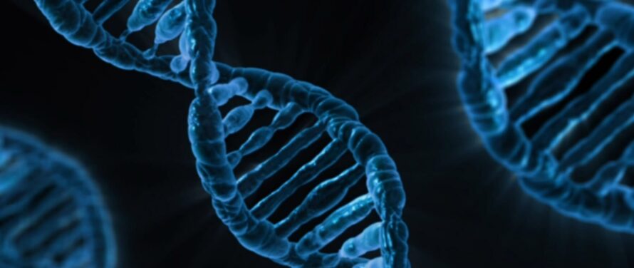 blue DNA helix structures floating against a dark background