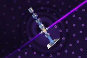 A laser (purple) is powerfully amplified by highly polished mirrors and focused on the electron beam (blue) to shift its phase and increase the cryogenic electron microscope’s contrast, allowing biologists to image smaller proteins and the crowded structures inside cells. (Credit: SayoStudio/Biohub)