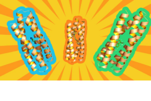 Three gold spiraling structures on blue, orange, and green backgrounds with a sunburst effect.