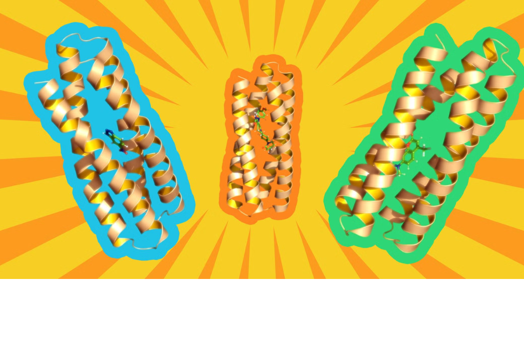 Three gold spiraling structures on blue, orange, and green backgrounds with a sunburst effect.