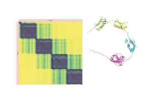 Data visualization heatmap on the left with yellow and blue gradient colors, indicating correlations, and a colorful 3D molecular structure on the right showcasing proteins.