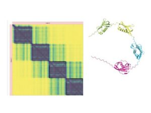 Data visualization heatmap on the left with yellow and blue gradient colors, indicating correlations, and a colorful 3D molecular structure on the right showcasing proteins.