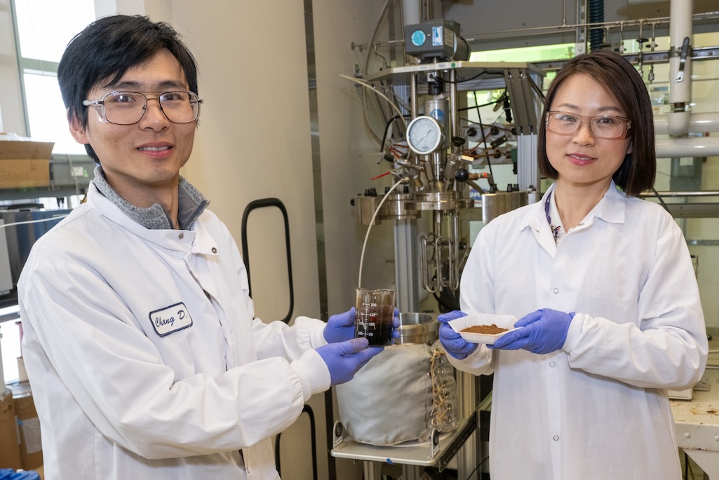 Two researchers in a laboratory setting wearing white lab coats and standing in front of various equipment hold samples of brown-colored lignin.