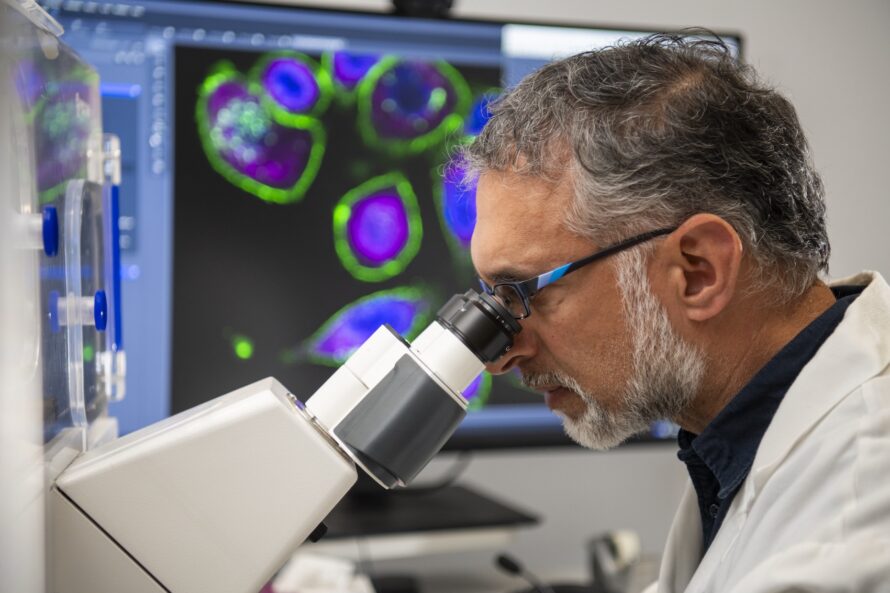 Man looking into a microscope with multi-colored cells on a display behind him.