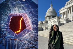 split image with a giant virus image on the left and the researcher smiling on the right