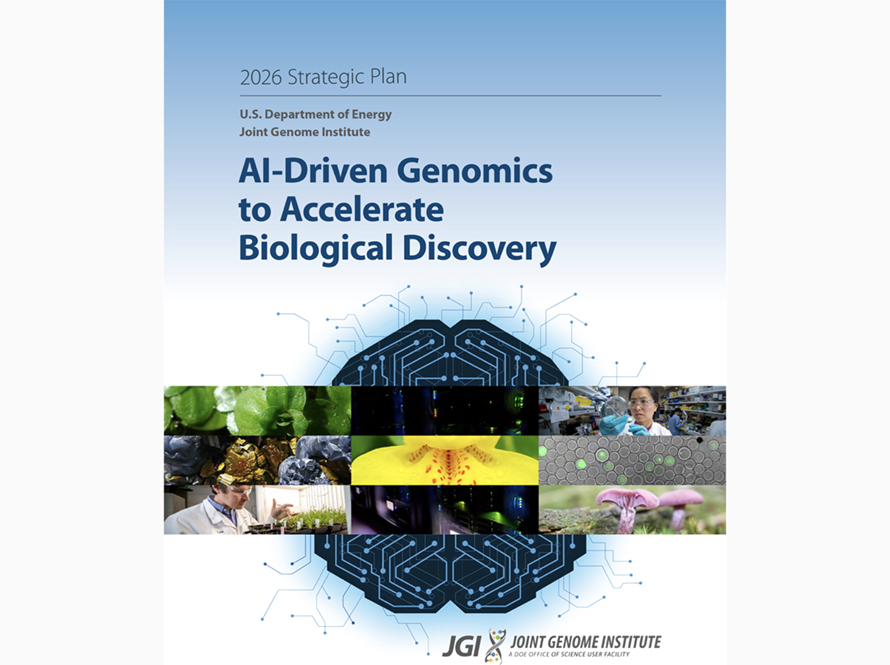 Cover of the Joint Genome Institute’s 2026 Strategic Plan titled “AI-Driven Genomics to Accelerate Biological Discovery,” featuring a circuit-board brain and a collage of biological research images.