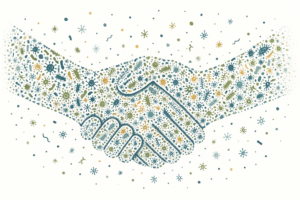 An illustrated handshake composed of various illustrated microbes, germs, and bacteria.