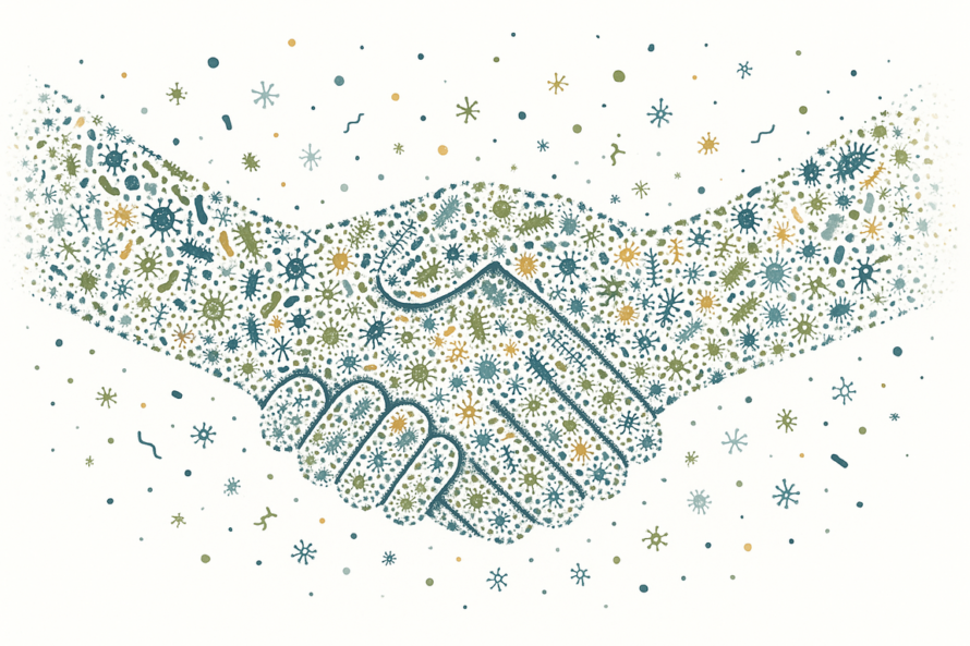 An illustrated handshake composed of various illustrated microbes, germs and bacteria.
