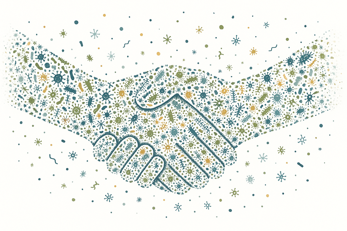 An illustrated handshake composed of various illustrated microbes, germs and bacteria.