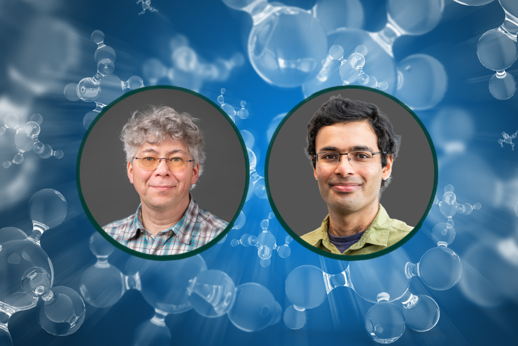 Two people shown in circular portrait frames against a blue abstract molecular background.