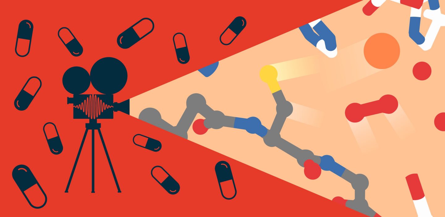 Illustration showing a retro movie camera against a red background scattered with pill capsules. The camera illuminates a wedge-shaped area on the right in which molecular structures can be seen.